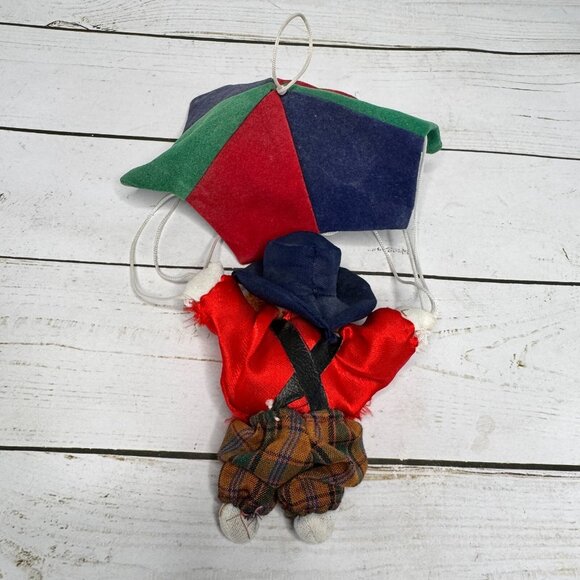 Vintage Small Ceramic & Cloth Clown Toy with Parachute Collectible Hanging Decor - Picture 4 of 9